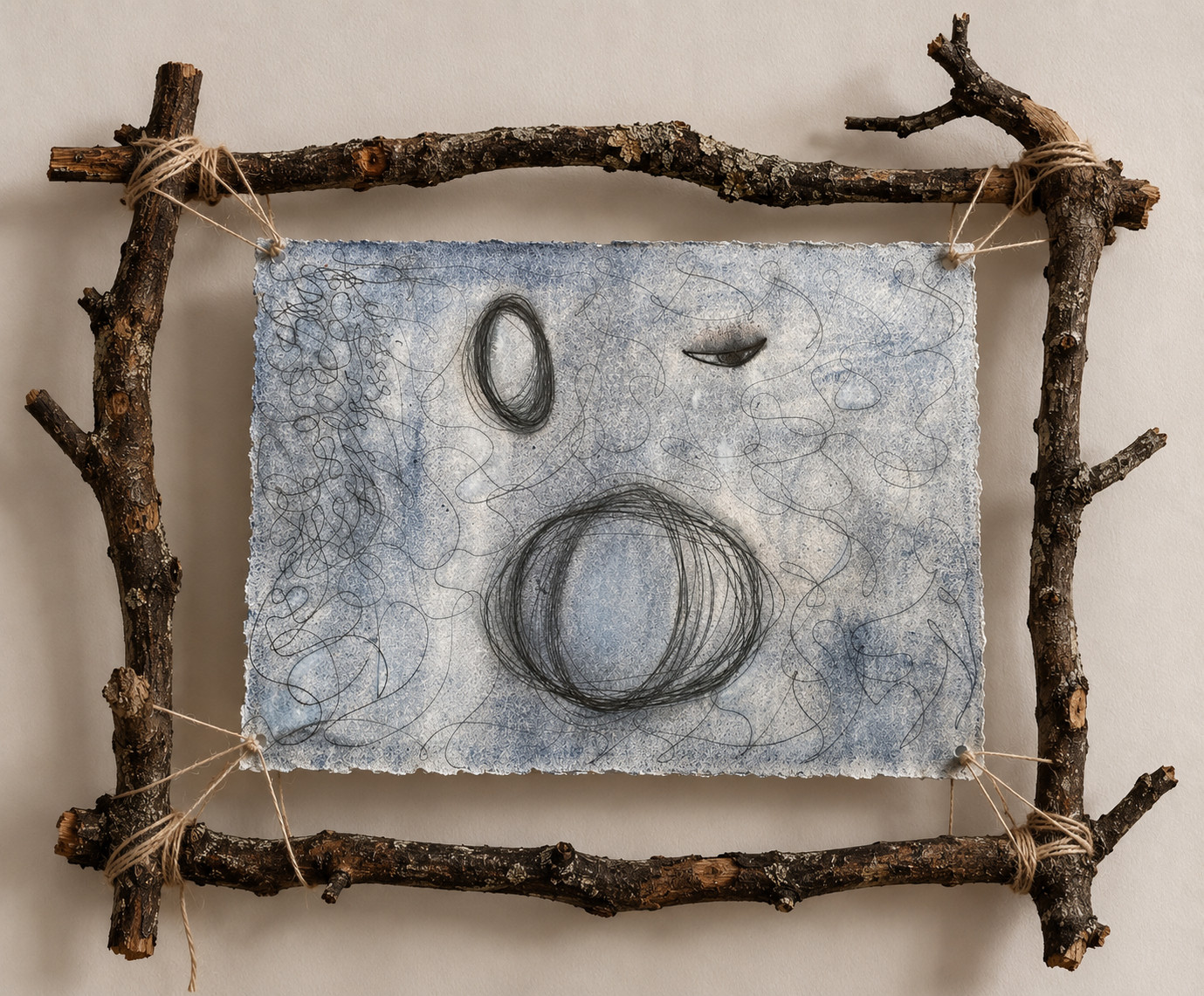 Artwork on Khadi paper, shown in a conceptual branch and thread framing