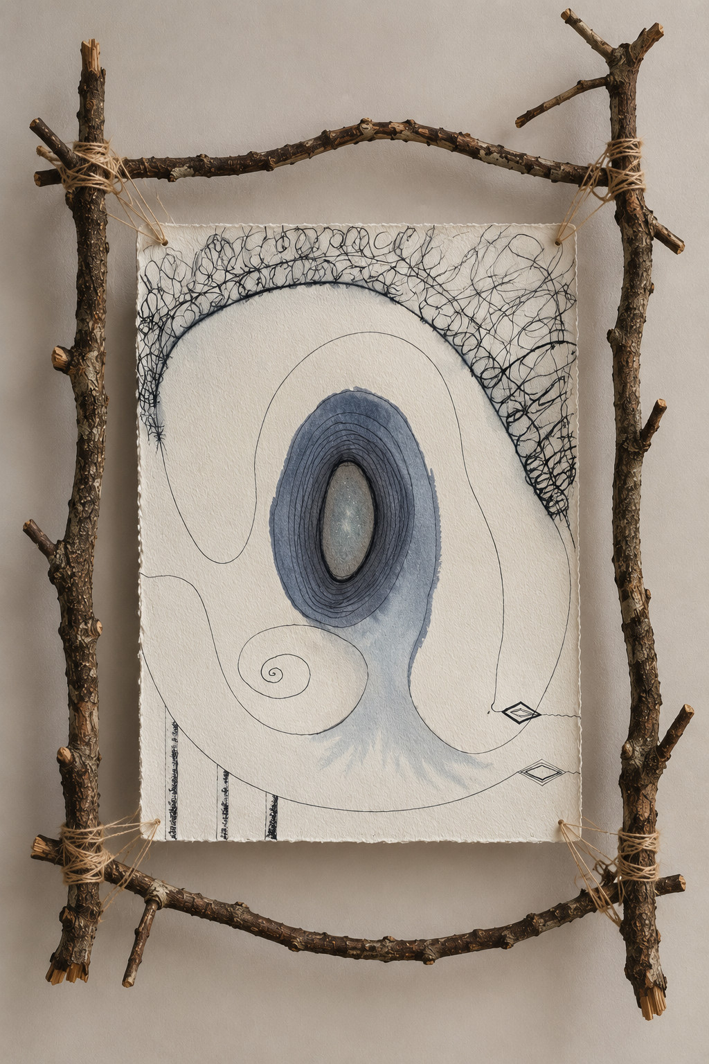 Artwork on Khadi paper, shown in a conceptual branch and thread framing